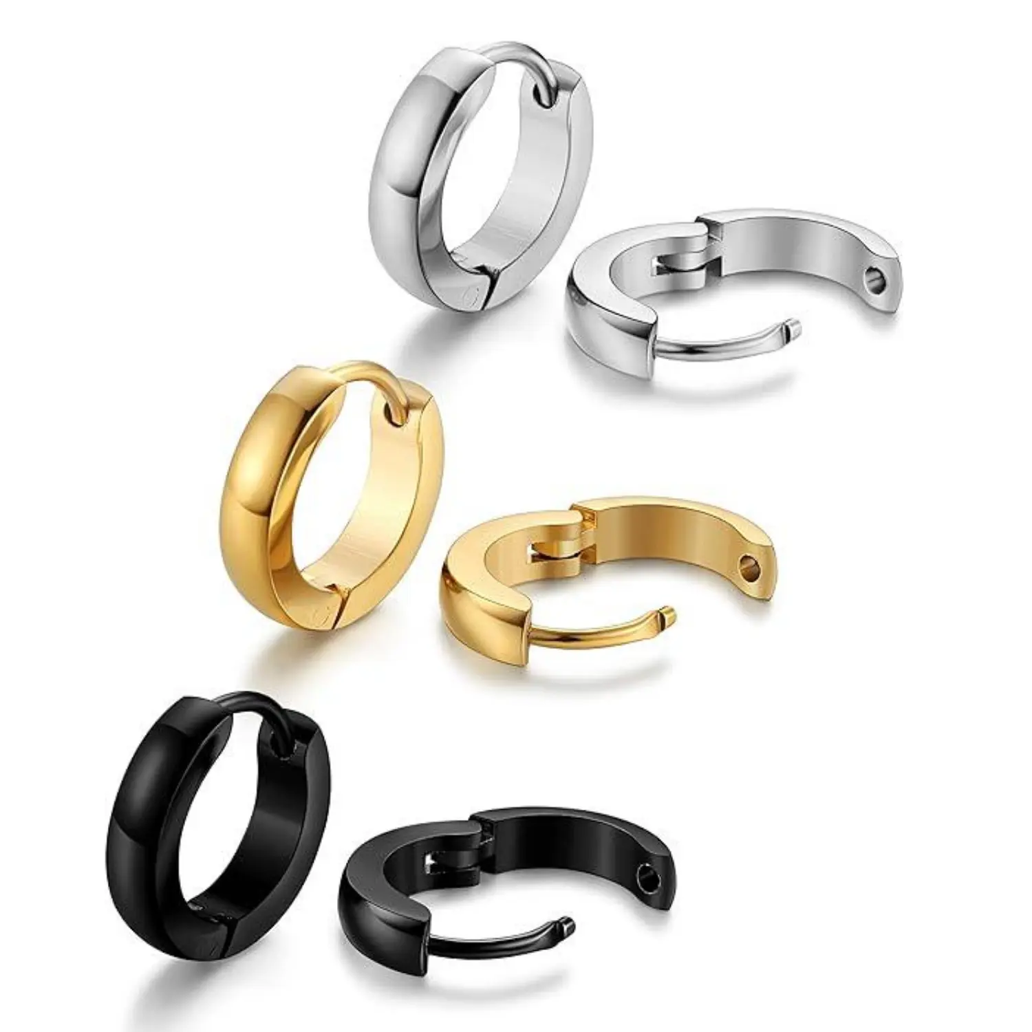 3Pairs 12/9mm Stainless Steel Mens Womens Hoop Earrings Huggie Ear Piercings Hypoallergenic (Silver/Gold/Black) - Home Improvement., Birthday, Graduation
