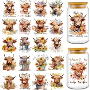 UV DTF Cup Wrap - 20 Sheets Highland Cow UV DTF Cup Wraps for 16 oz, Sunflower Uvdtf Decals, Waterproof Personalized Rub on Transfer Stickers for Glass, DIY Wood Crafts