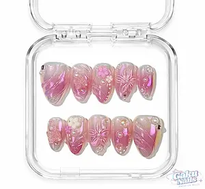 GakuNails BLUSHING AURORA Press On Nails, 10-Piece Short Almond Multi-Pack, Handmade Gel Tips with 3D Butterfly, Laser Pink Metallic Builder Gel, Gold Accents, Reusable, Includes Nail Glue & Debonder, Nail Inspo, Handmade Press On Nails