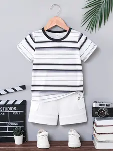Boys' 2-Piece Set, Casual Set, Striped Sets, Children, Toddler, Fashion Round Neck Striped Short Sleeve T-Shirt & Pockets Shorts, Soft Knit Fabric, Summer, Perfect Gift