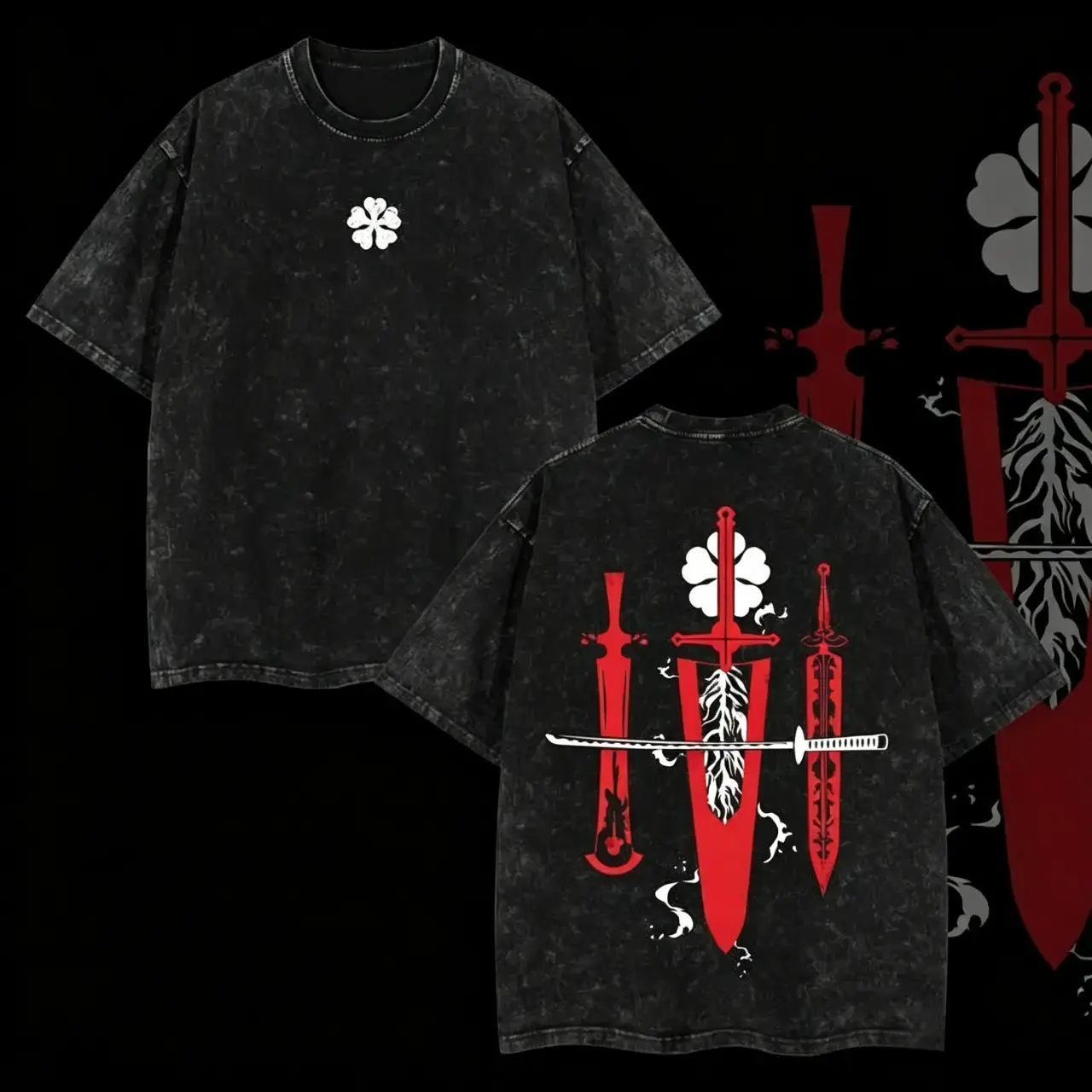 Black Clover five-leaf clover emblem TEE，Vintage Acid Washed Oversized Black Clover Five-Leaf Clover Sword Graphic Heavyweight Cotton Unisex Streetwear Short Sleeve Tee，anime streetwear, dark aesthetic high street, washed distressed casual style