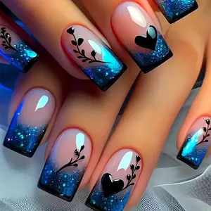 Floral Heart Gradient Blue Nails 24pcs| Medium Square Press-On Kit| Luxurious DIY Nail Art Set| Nail File & Glue Included