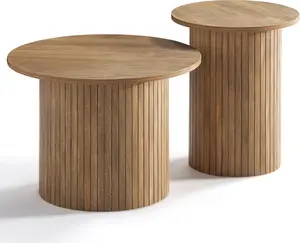 AMERLIFE Nesting Coffee Table Set of 2, Mid Century Modern Round Coffee Table, Wood Slat Side Table Set for Living Room, Office, Balcony
