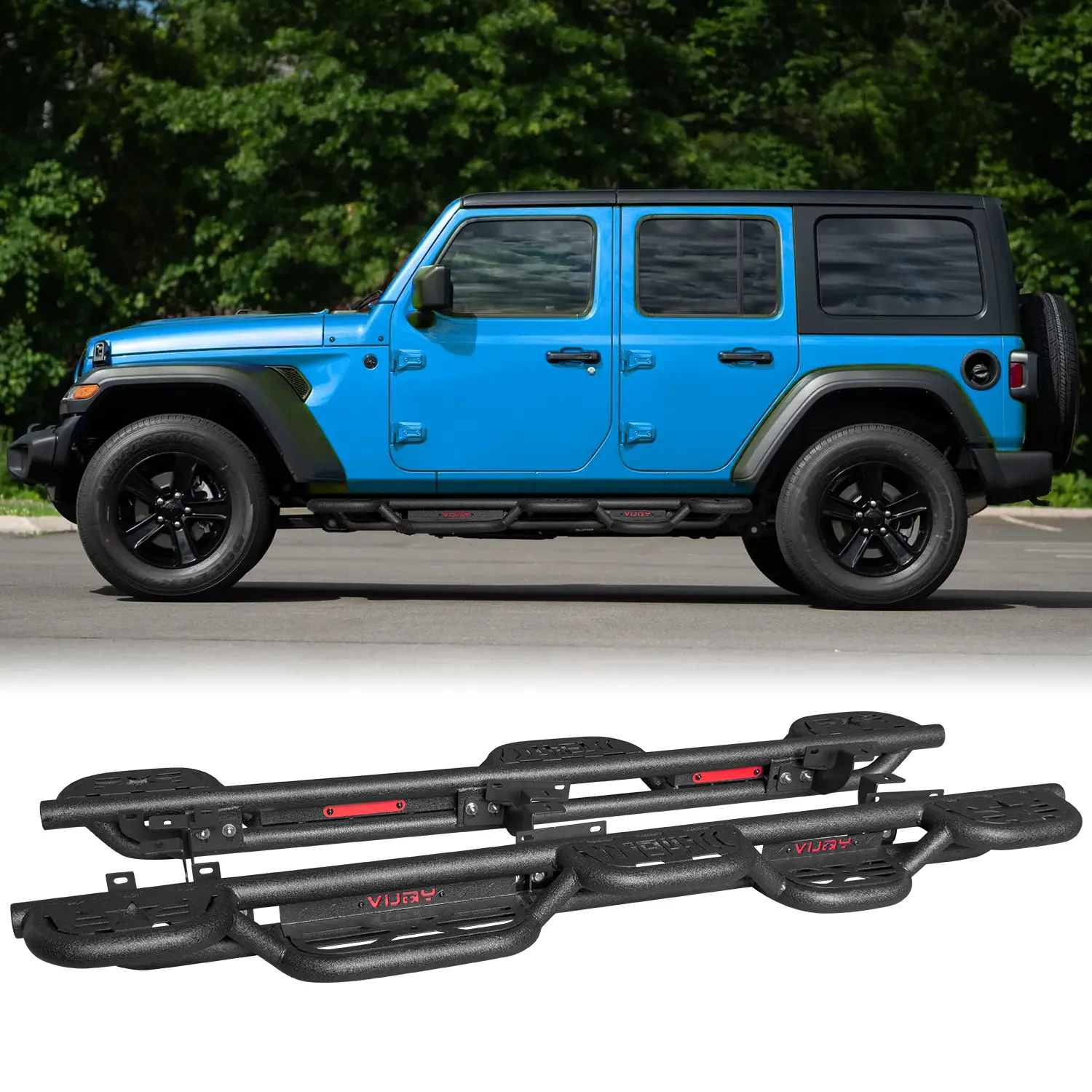 Vijay Texture Carbon Steel Running Boards, 5/32 Thick Entry Aid Side Steps with Hassle-Free Installation Instructions, Enhances Vehicle's Functionality, Fits 2018-2025 4-Door Jeep Wrangler JL Off-Road Vehicles
