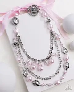 Pink Ribbon Layered Pearl Necklace Set | Silver Chain Statement Jewelry