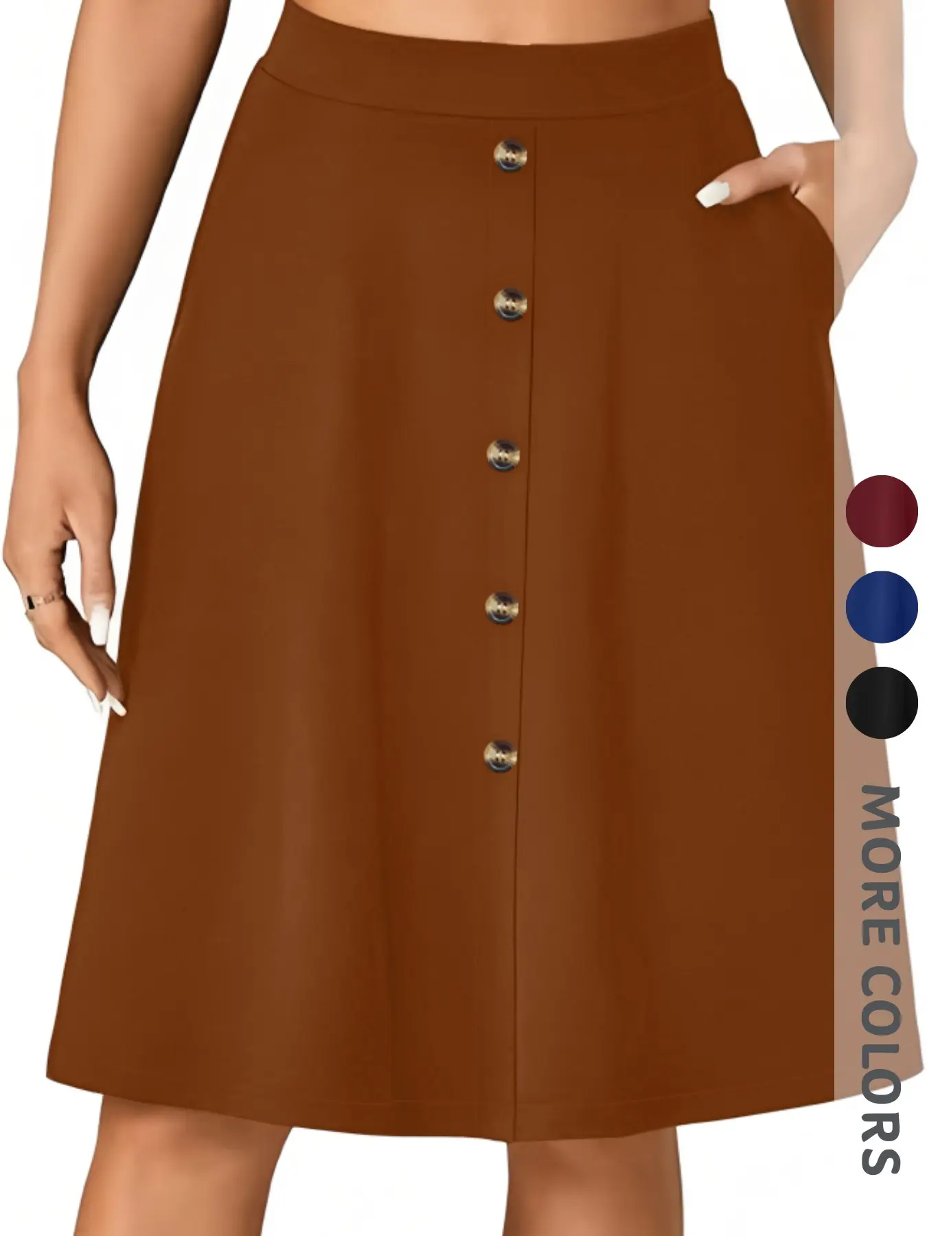 Spring Summer Women's High Waist A-Line Skirt, Breathable Fabric, Button Side Pockets, Zipper Design, Elegant Casual Fashion, All Seasons