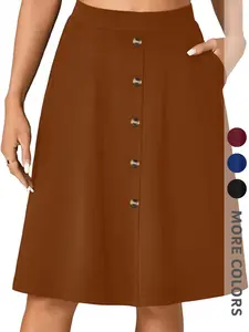 Spring Summer Women's High Waist A-Line Skirt, Breathable Fabric, Button Side Pockets, Zipper Design, Elegant Casual Fashion, All Seasons