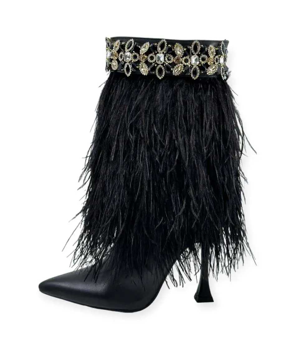 The Foxy Black Leather Stiletto Boot with Premium Feathers
