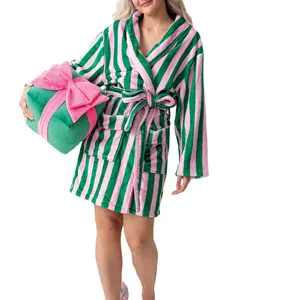 Women's Fleece Bath Robe Christmas Striped Knee Length Plush Soft Bathrobe Warm Lounge Sleepwear Robe with Pockets