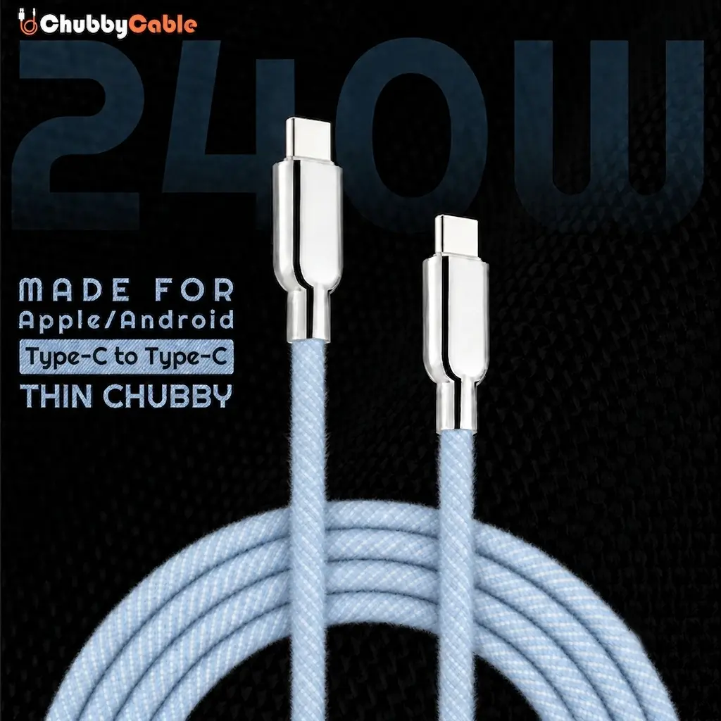 Chubbycable Alloy USB Charger Cable - 240W Fast Charging, Yarn Knit Braided, Mirrored Connector, Compatible with Mobile Phones, Tablets, Electronic Devices with Protective Shell, Smartphone Blue