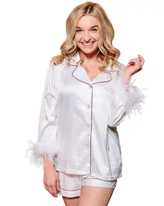 Women Satin Feather Trim 2-Piece Pajama Set – Casual Daily Loungewear