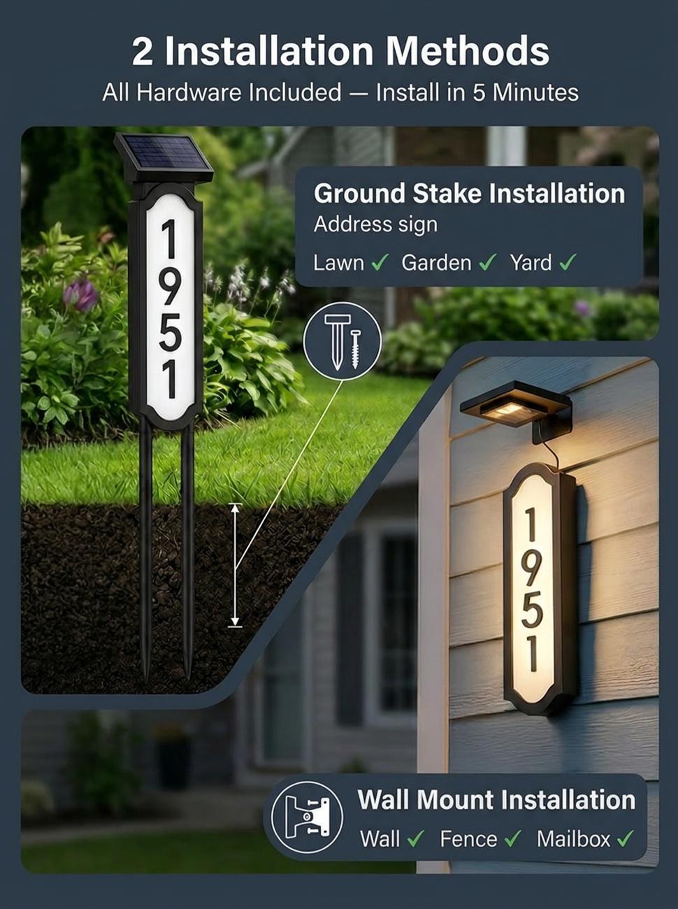 Solar Address Sign, Lighted House Numbers, Waterproof Solar Powered LED Address Plaque for Easy Delivery & Night Visibility, Outdoor Illuminated House Number Sign for Front Yard & Driveway, Wall-Mounted or Ground Stake, 3 Light Modes, #backtoschool