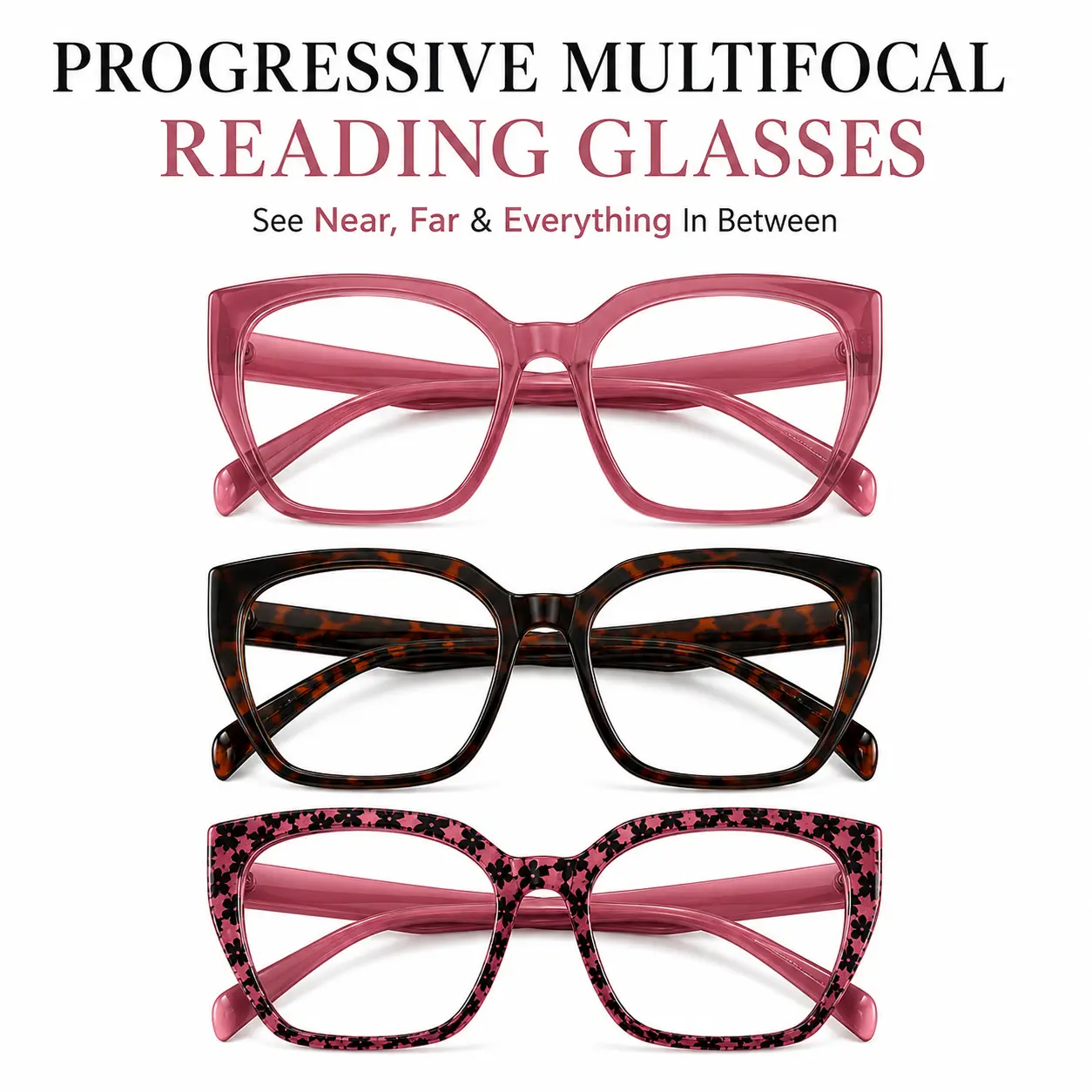 Women’s Progressive Multifocal Reading Glasses, HD Clear Blue Light Filtering Readers, Oversized Square Frame Eyewear for Reading, Screen Time & Daily Wear