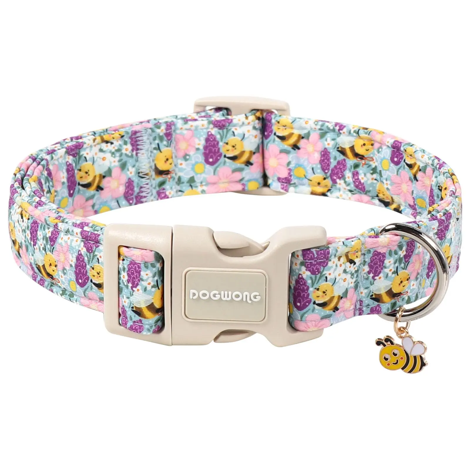DOGWONG Spring Summer Dog Collar, Bee Floral Dog Collar with Plastic Buckle,Girl Female Dogs Collars for Medium Lrage Dogs, Neck 39-60 inches