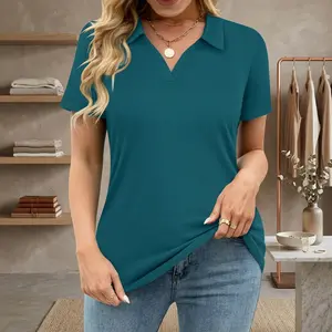 Women's Plus Size Collared Polo Shirts - Summer Short Sleeve V Neck Business Casual Tops Comfortable Breathable Stretch Fabric Perfect for Office Work Daily Wear XL-5XL