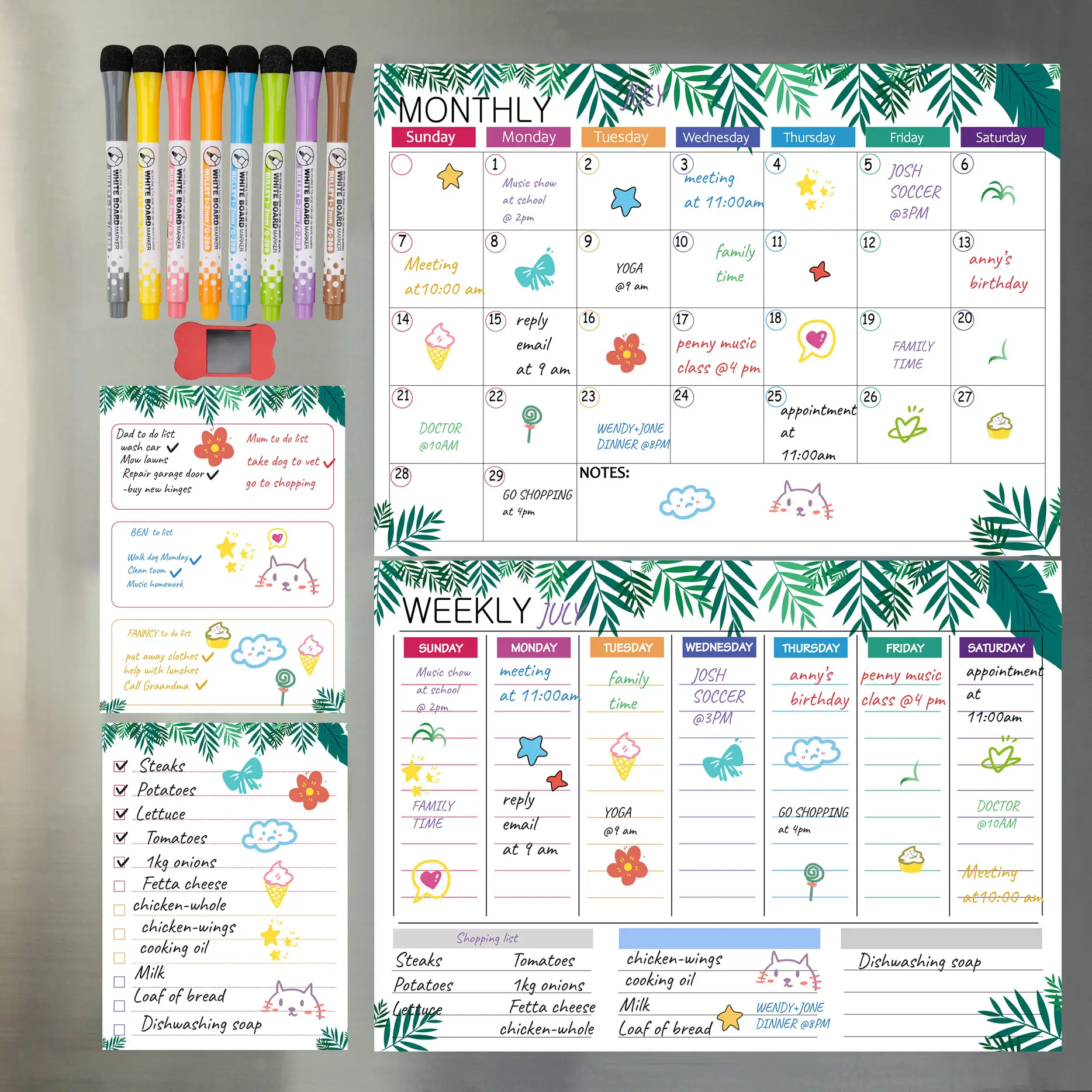 Hivillexun 4-Piece Magnetic Dry Erase Refrigerator Calendar Set - Magnetic Monthly-Weekly Organizer, Daily Notepad, Planner Book, 8 Markers, 1 Eraser for Family Efficient Planning, Convenient Marking, Easy Erasing, Dry Erase Wall Planners