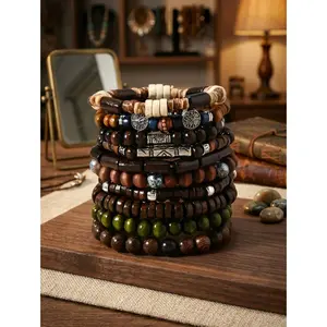 10 Piece Natural Wood Beaded Bracelet Set for Men and Women - Multi Layer Stackable Bohemian Wristband - Handmade Elastic Wood Bead Chain Jewelry for Daily Wear
