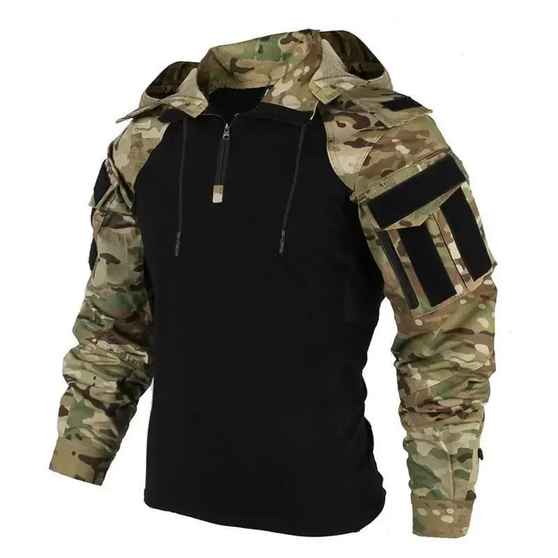 Outdoor Shirts Camo Combat T-Shirt Hooded Mens Working Tactical Shirt