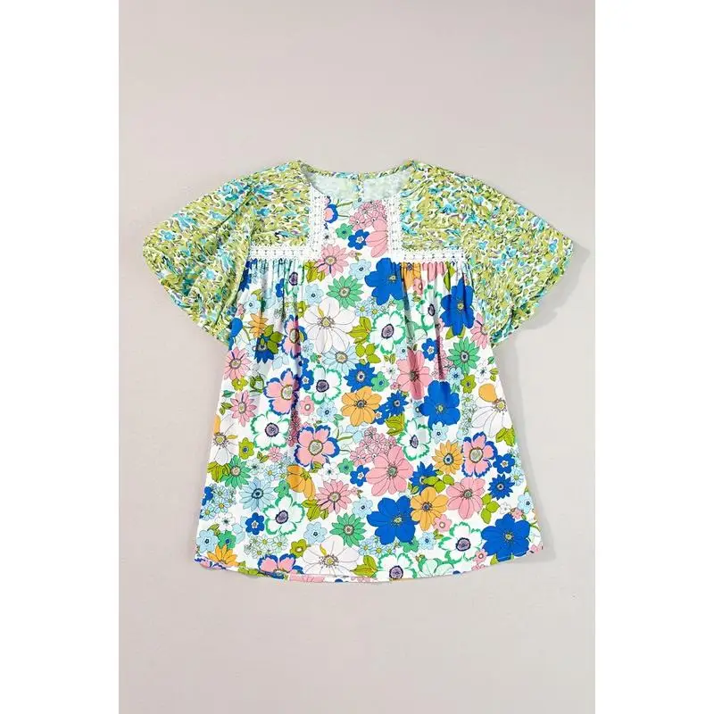 EG fashion Retro Bubble Sleeve lace panel Green Tunic Top