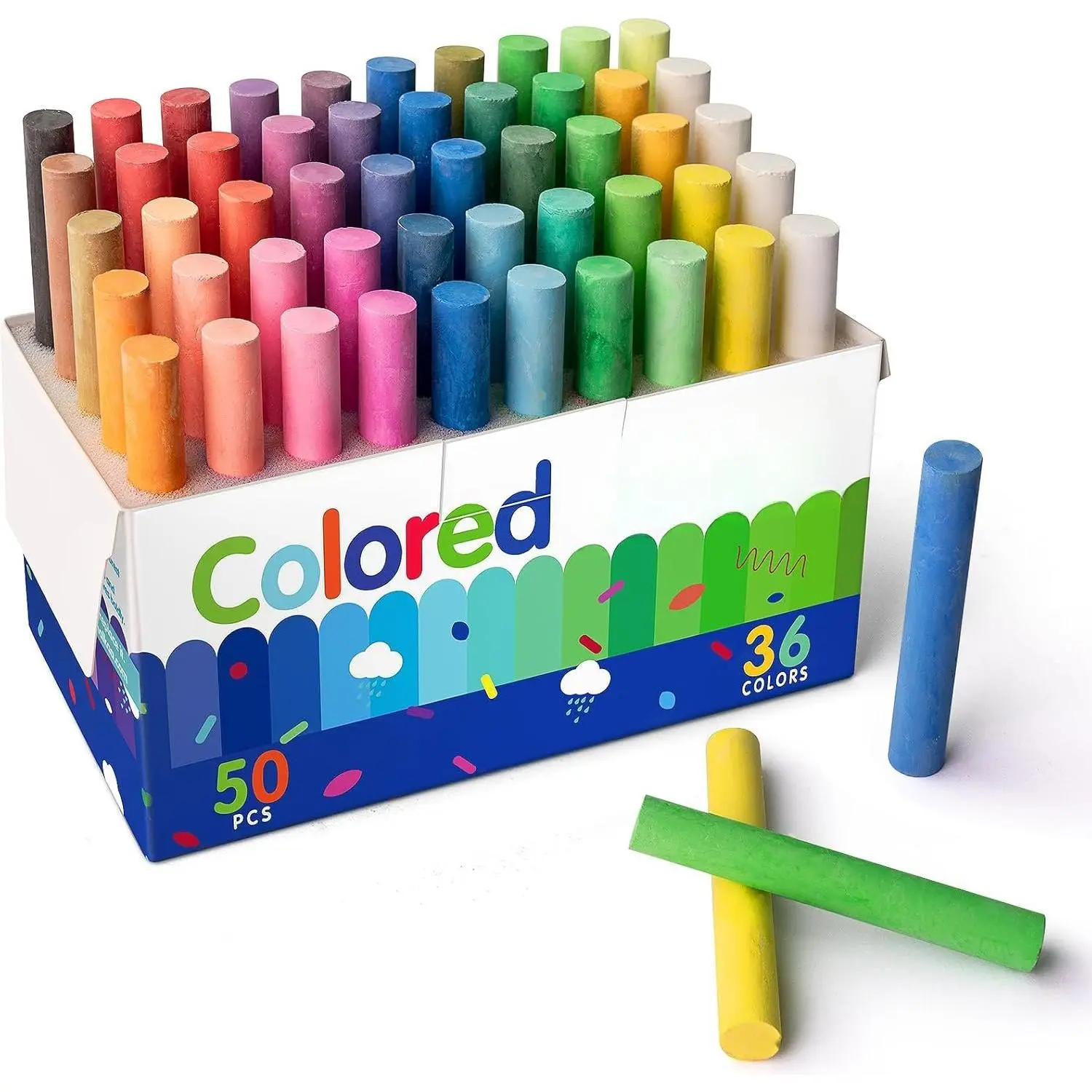 Colored Chalk 36 Colors 50 count |   Chalkboard Chalk for Teachers and  | Sponge-Wrapped Creative Drawing & Writing Art Tool