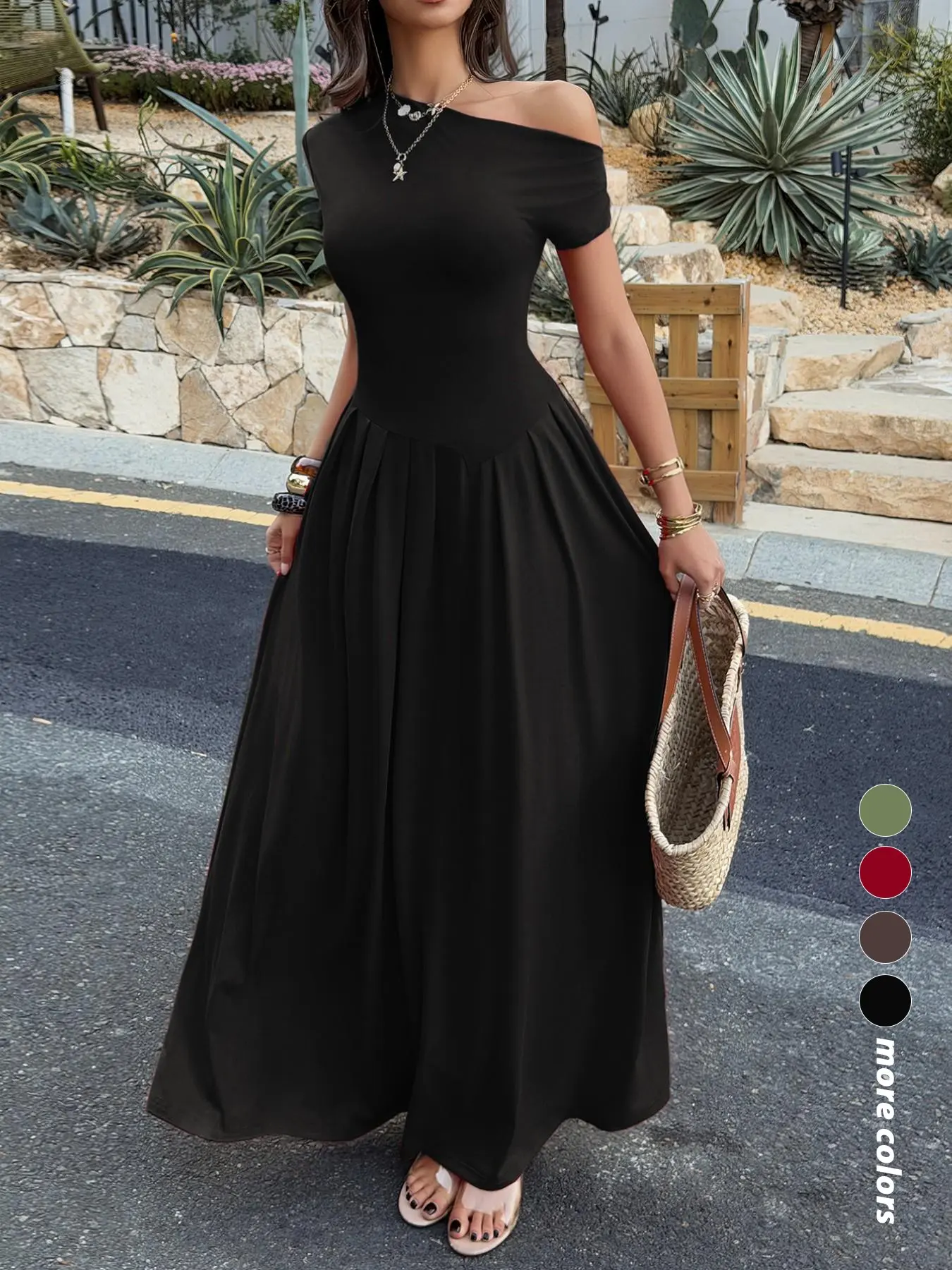 Elegant Long Maxi Dress with Off-Shoulder Design, Slim-Fitting Plain  Pattern, Short Sleeve, Perfect for Formal Occasions Formal Wear - TikTok  Shop