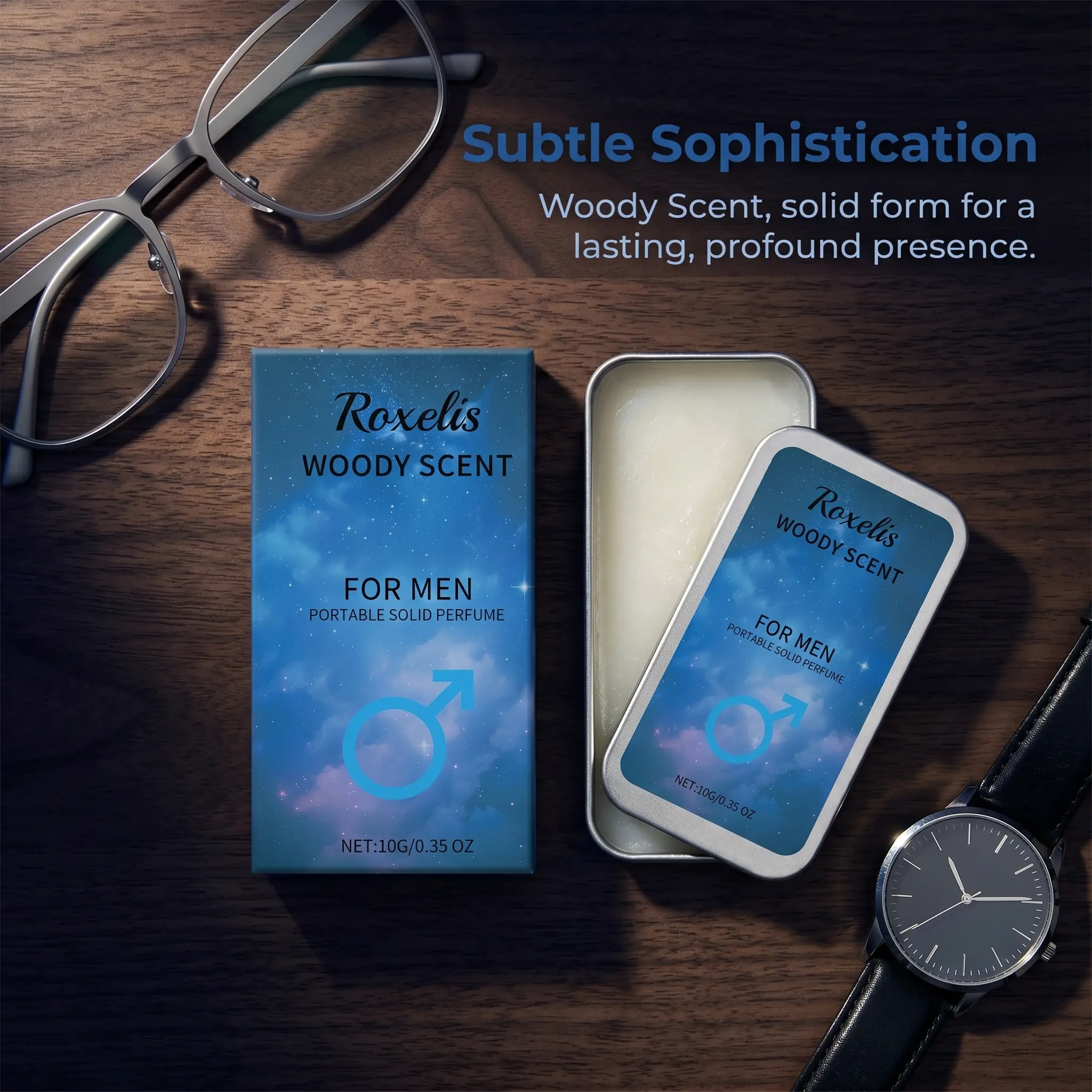 Solid Cologne for Men, Long-Lasting Fresh Woody Signature Scent - Compact Alcohol-Free Fragrance Balm for Adults On-the-Go