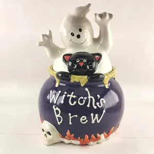 Witch's Brew Halloween Cookie Jar David's Cookies Ceramic Ghost Skull Black Cat