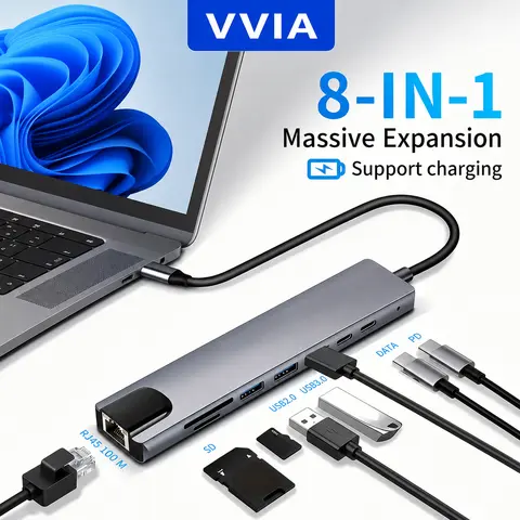 8-in-1 USB C Hub Multiport Adapter, 5Gbps USB 3.0, 100Mbps RJ45 Ethernet, SD TF Card Reader, PD Charging, USB C Data Port, USB 2.0 Type C Docking Station for Laptop MacBook Tablet /Air, iPad Pro, XPS, etc