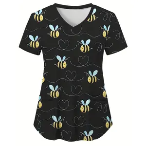 Bee Print Scrub Top, Comfortable & Functional Health Care Uniform Perfect For Working With Children In Hospitals & Dental Office, Women's Work Clothing Casual Womenswear Fabric Knit Polyester Summer Workwear Black