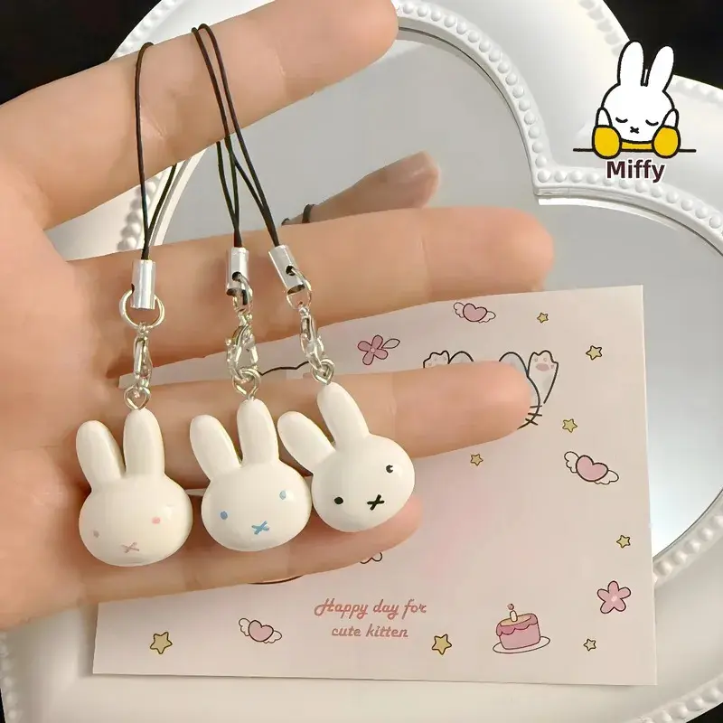 2pcs cute Miffy rabbit keychains, soft cartoon pendants, equipped with cream-colored bells, sweet and girly bag decorations, fashionable accessories, a trendy gift for a girlfriend.