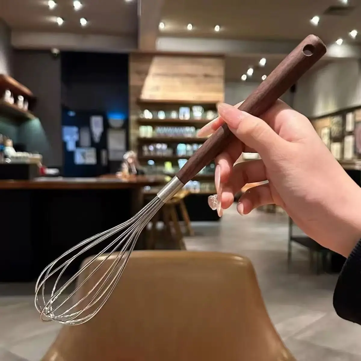 Walnut Wood & Stainless Steel Egg Beater, Manual Cream Whisk Mixer, Kitchen Tool for Baking, Mixing, Whipping, Stirring Dough