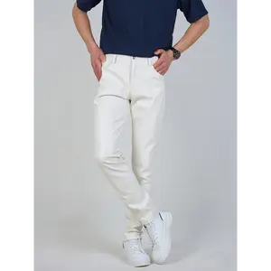 Men's Fashion Slim-Fit PU Leather Pants, Solid Color, Breathable Polyurethane Coated Fabric, Casual Trousers with Pockets for Spring Outdoor Activities