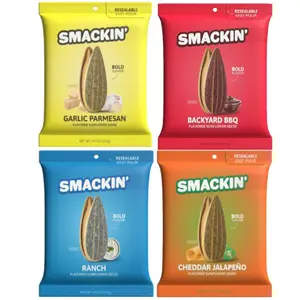 SMACKIN' Jumbo Roasted Sunflower Seeds 4 Pack - Garlic Parmesan, Ranch, BBQ & Cheddar Jalapeño Flavors - 1lb Box of Low Sodium Handcrafted American Made Seeds