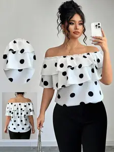 Women's Plus Size Tiered Ruffle Shirts Off Shoulder Polka Dot Blouse Casual Summer Vacation Boho Cute Tops，Classic Polka Dot Top Print Layered Ruffle Off-Shoulder Blouse, Bohemian