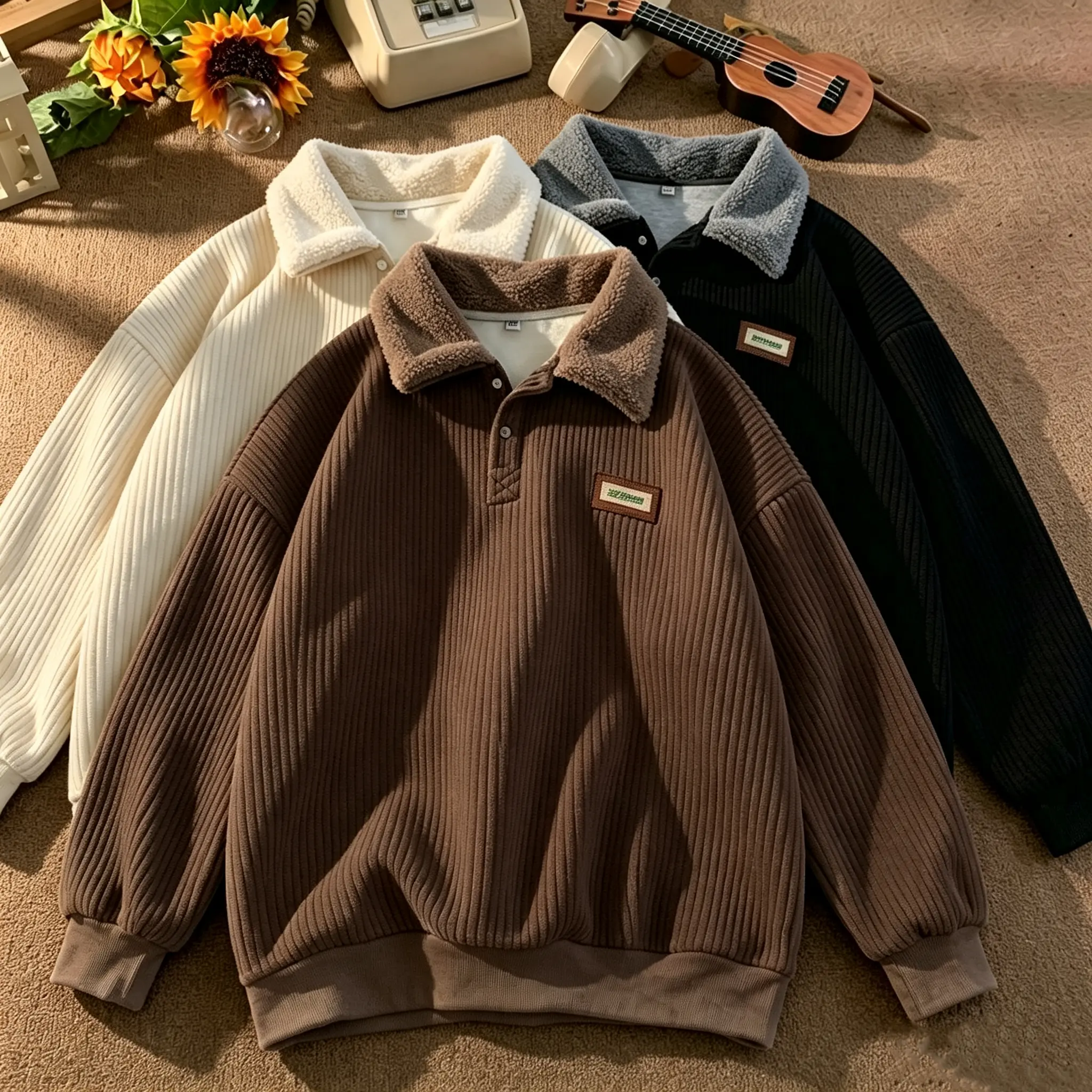 2026 NEW Corduroy Polo collar sweater couple autumn and winter style plus velvet thickened simple fashion lamb wool coat Comfort Long Sleeve