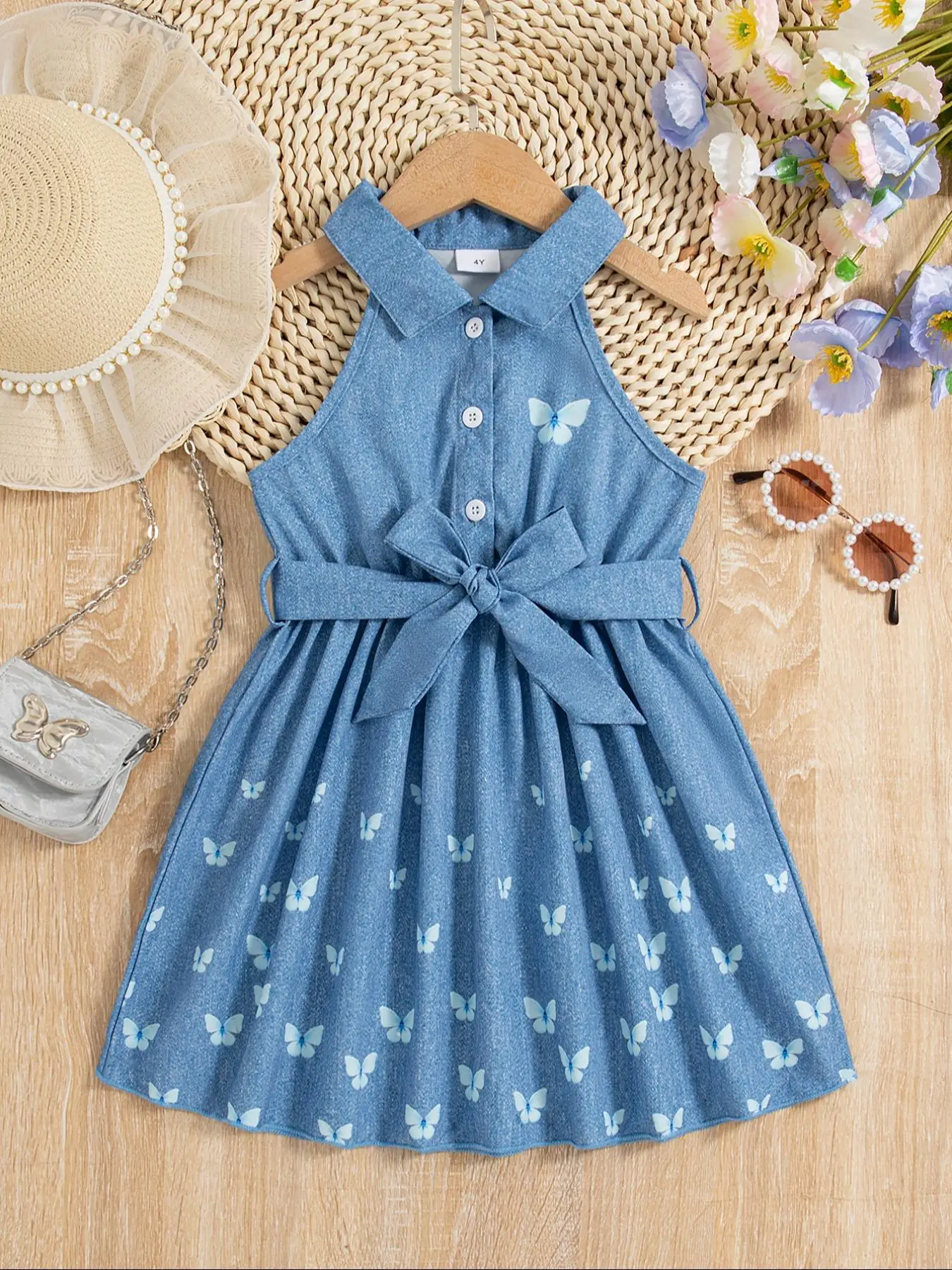 Girl's Butterfly Print Belted Tank Dress, Casual Sleeveless A Line Dress for Summer, Kids Clothes for Daily Wear, Girl Clothes