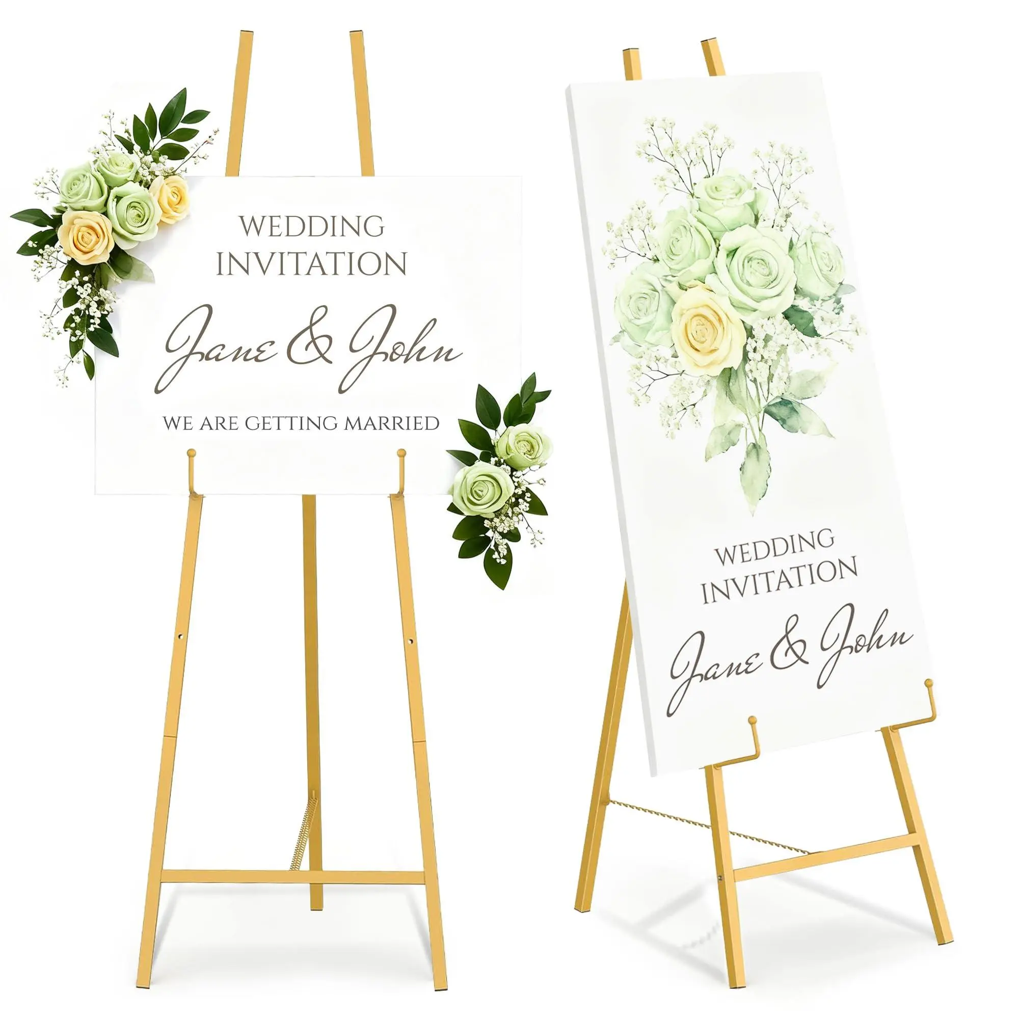 Gaomon 2-Pack Gold Heavy-Duty Metal Frame Welcome Sign Easel Stand, 57.5 in Adjustable Height with Chain, Easy Setup Indoor Furniture for Paintings, Posters, Baby Showers
