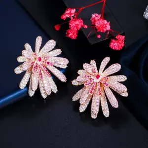 Unique Luxurious Red Pink Floral Design Micro Cubic Zirconia Earrings - Elegant and Sparkling Look