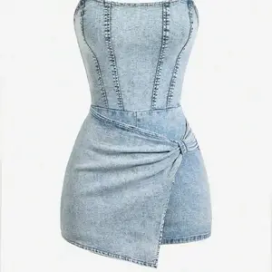 Women's Casual Dark Wash Denim Strapless Sleeveless Jumpsuit with Twist Front Detail and Zipper Closure