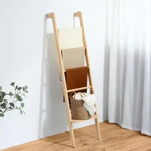 66in Boho-Style Blanket Ladder for Living Room, Wall-Leaning Farmhouse Display Rack for Throw with Ladder Shelf, Wooden Blanket and Holder for