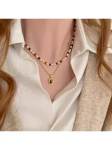 Women's Fashion Necklace Retro Double Layer Stacked Natural Tiger Eye Pendant Necklace Niche Design Beaded Sweater Chain Reapper Street Hip Ho