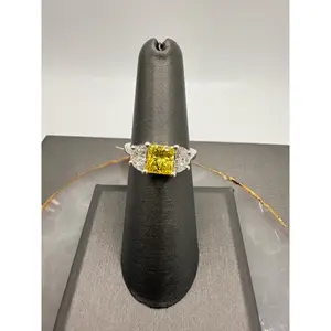 3 Stone Yellow Princess Cut Engagement Ring