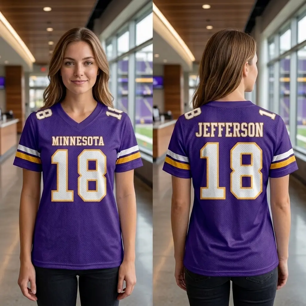 Jefferson Minnesota Football Jersey , Skol Classic Purple Mesh Breathable Fabric with Gold Accents #18, Perfect Gift for Football Fan