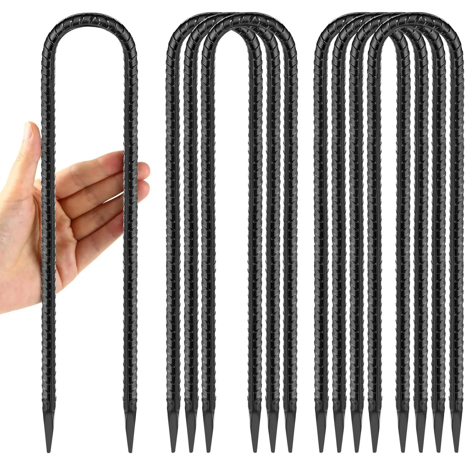 12 Inches Trampoline Wind Stakes, Heavy Duty U Stakes for Ground, 8-Pack Trampoline Tie Down Anchor Kit for Swing Set and Soccer Goal Galvanized Steel Anchors Black