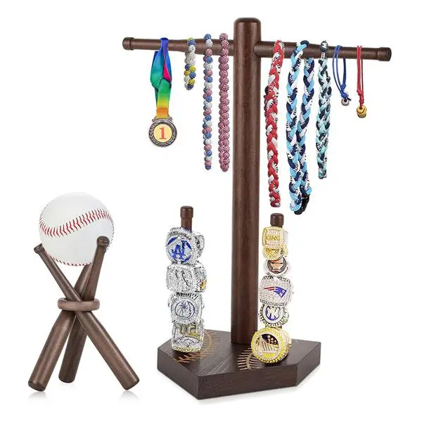 Baseball Ring & Drip Necklace Holder, Wooden Baseball or Softball Ring Display Holder with Baseball Stand