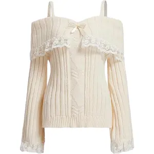 Women Off Shoulder Top Y2K Long Sleeve Lace Trim Knit Shirt Fashion Cute Solid Pullover Sweater