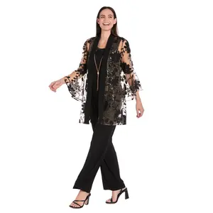 Floral Threadwork Pantsuit with Flair Bell Sleeves & Removable Jacket