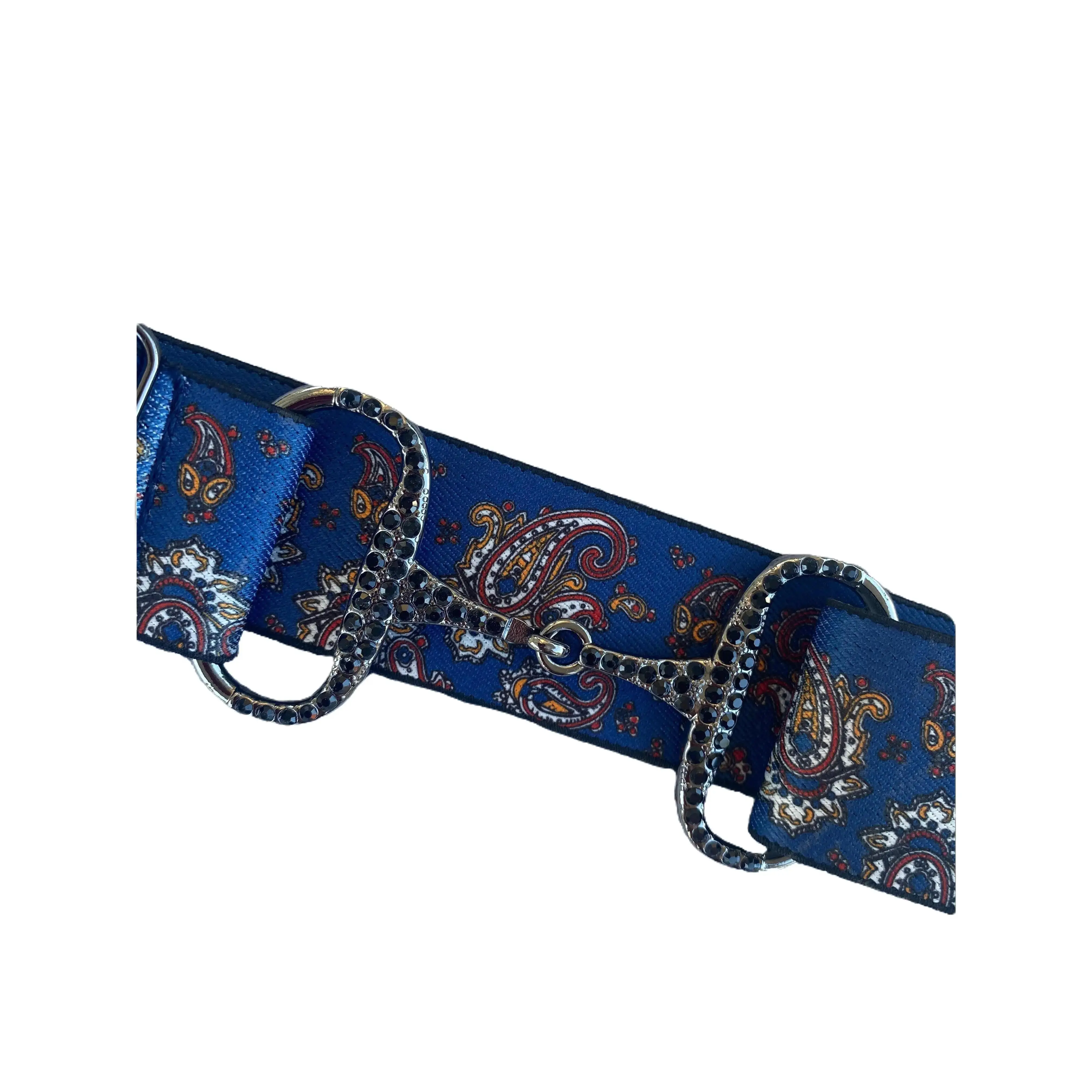 Equestrian Paisley 1.5" Snaffle Bit Riding Belt with Gun Metal Bit & Black Rhinestones Adjustable for 24"-40" Waist Unisex Equestrian Accessory