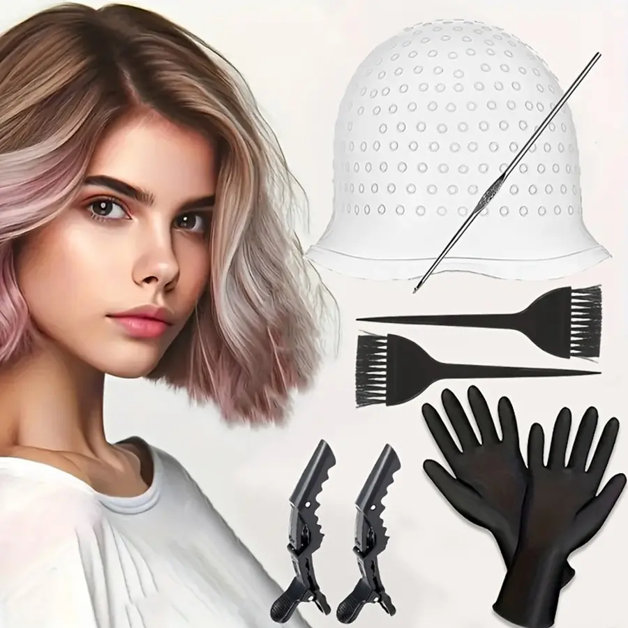 8pcs Hair Dye Tool Set, Home Salon Use, Highlight Balayage, Includes Gloves, Brush, Clips, Reusable Cap with Hook, Multi-Color Dyeing Accessories, Balayage Highlights