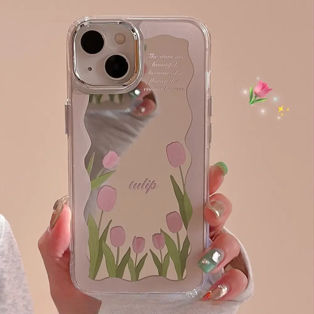 Tulip print mirror phone case for iphone 11 12 13 14 15 plus 16 pro max women hard cases shockpoof preservation casing preserve cellphone
